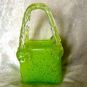 Vintage Hand Blown Murano Green Bubble Glass Purse Small Basket Very Cute💚
